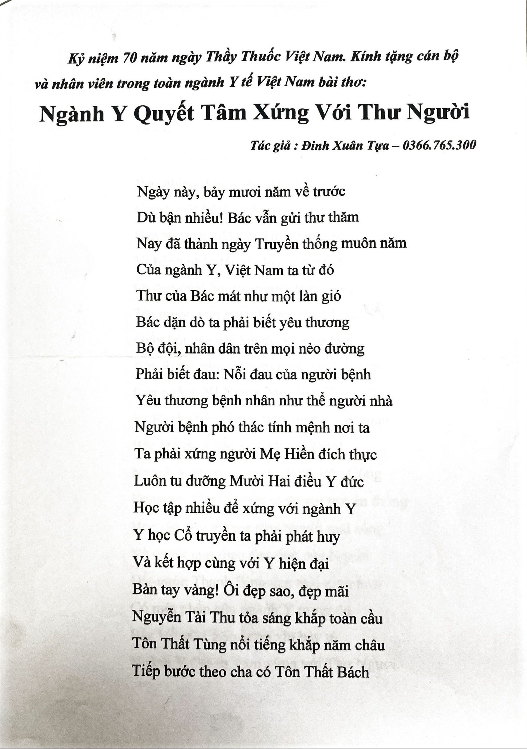 Người bệnh gửi gắm tình cảm vào những câu thơ mộc mạc trao tặng các cán bộ và nhân viên trong ngành Y tế Việt Nam